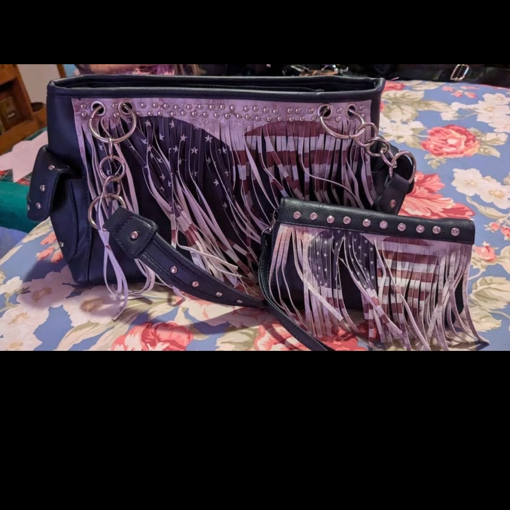 Fringe Studded Handbag and Wallet Set